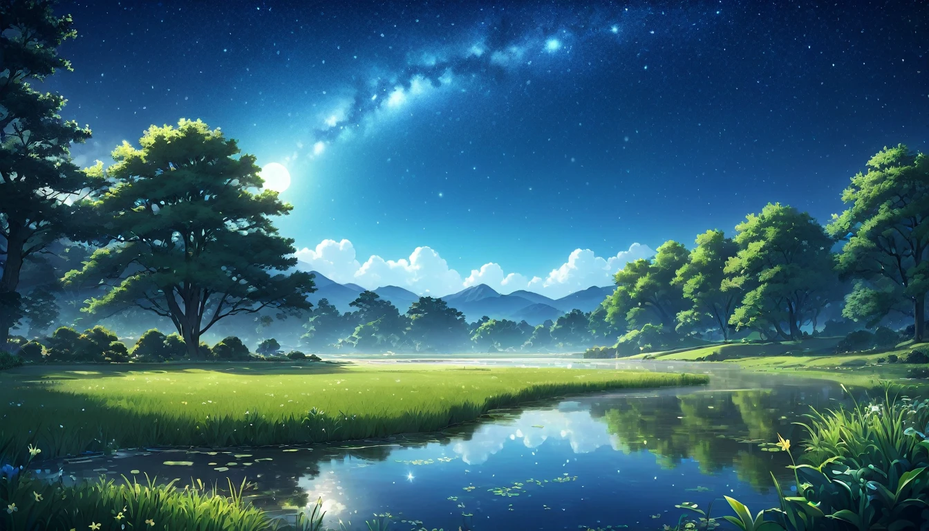 A beautiful night landscape, lush green meadow by a serene pond, anime style, detailed foliage, starry sky, moonlight, atmospheric lighting, vibrant colors, digital painting, intricate details, highly detailed, 4k, cinematic composition, dreamlike, enchanting, (best quality,4k,8k,highres,masterpiece:1.2),ultra-detailed,(realistic,photorealistic,photo-realistic:1.37)