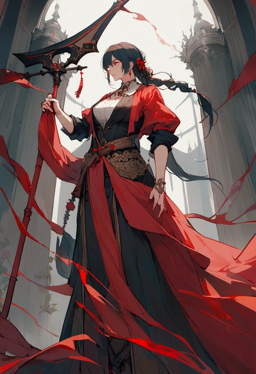 A large scythe with a red cloth wrapped around its handle, xuanhuan.