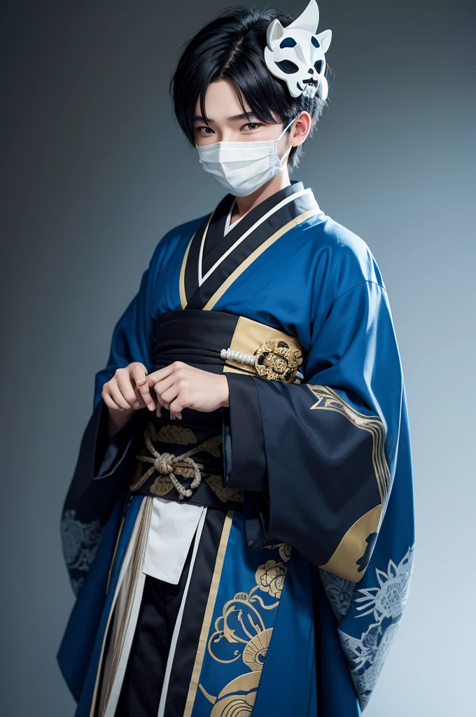 Boy with bone mask and blue and black male anime kimono