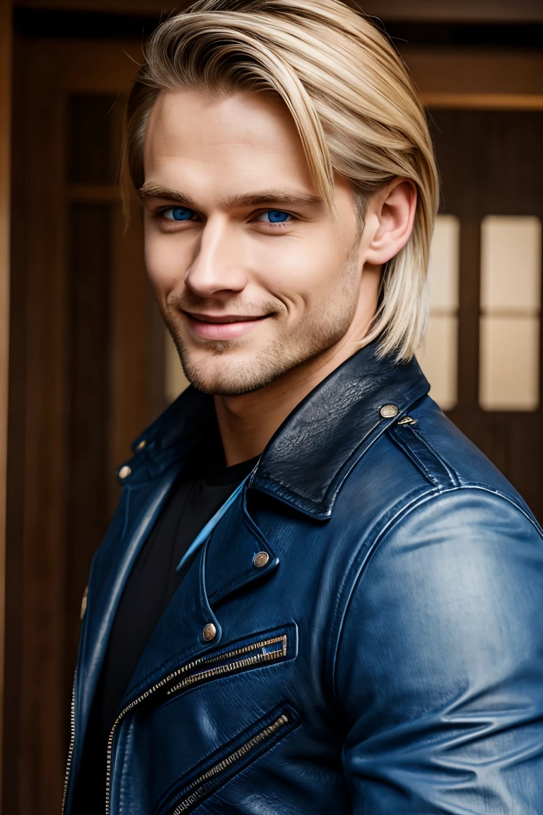29 year old young man, finnish ethnicity, straight blonde hair, blue eyes, very marked jaw and chin, black leather jacket with white camkseta, and light blue jean, smiling and looking forward
