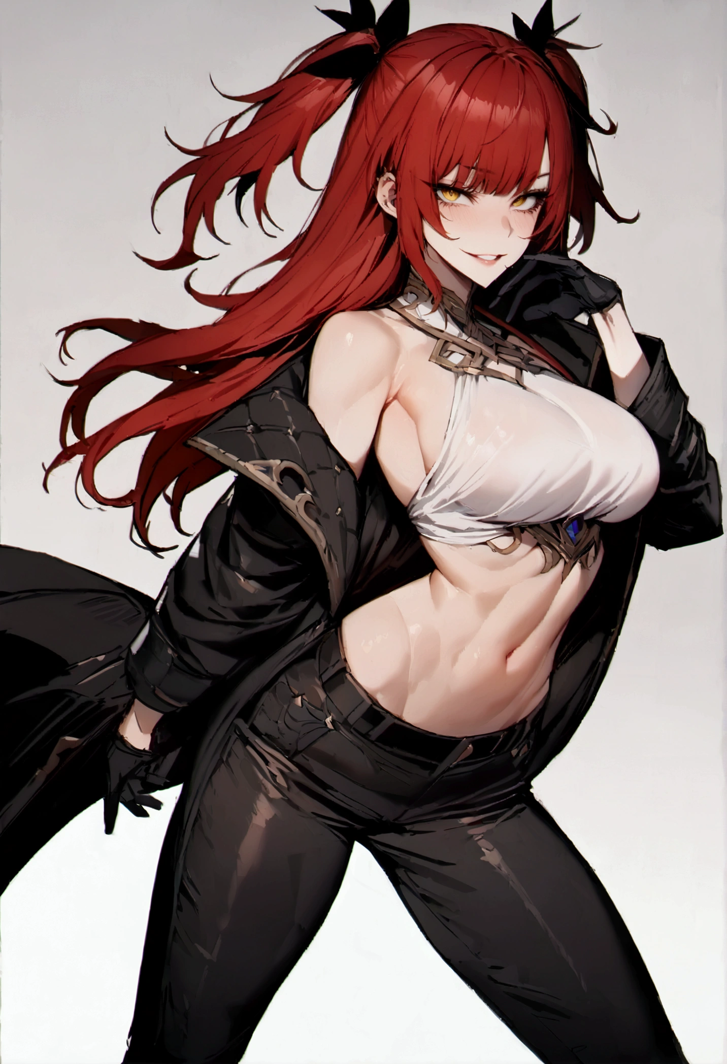 masterpiece, best quality 1girl, solo, beautiful woman, messy bangs, red hair, long hair, hair two side up by black bows , yellow eyes, grin, large breasts, toned stomach, white tank top, black coat, figureless black gloves, black pants, black long boots, fantasy looking at viewer