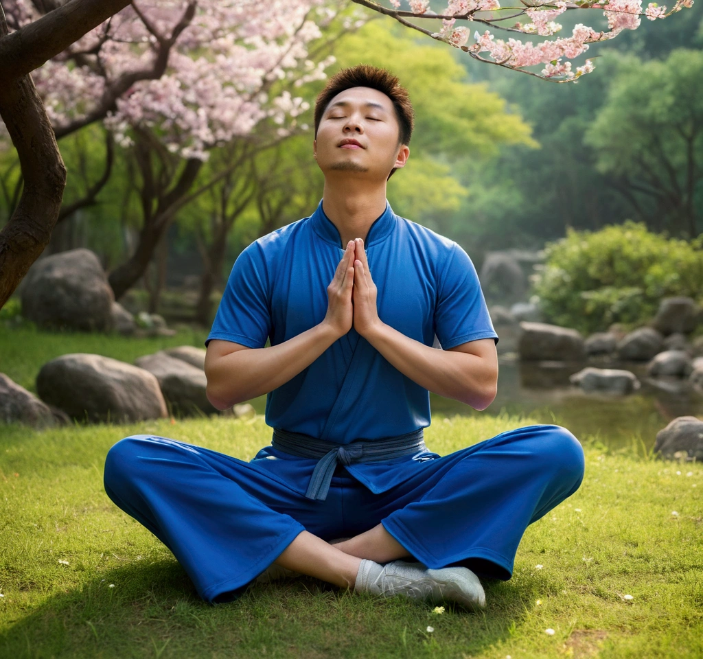 Realistic style, this photo depicts a Chinese man gently closing his eyes, beautiful, confident, with a handsome figure, looking up straight, with beautiful facial features, sitting cross legged in a peaceful environment, surrounded by trees, flowers, streams, and wide-angle lens. She is meditating in a peaceful environment. The man was wearing a blue sportswear, adding a calm atmosphere to the scene. Chaoyang is in the background, casting a warm glow in the scene, sitting on the grass lost in thought. High quality, high detail, 8K resolution