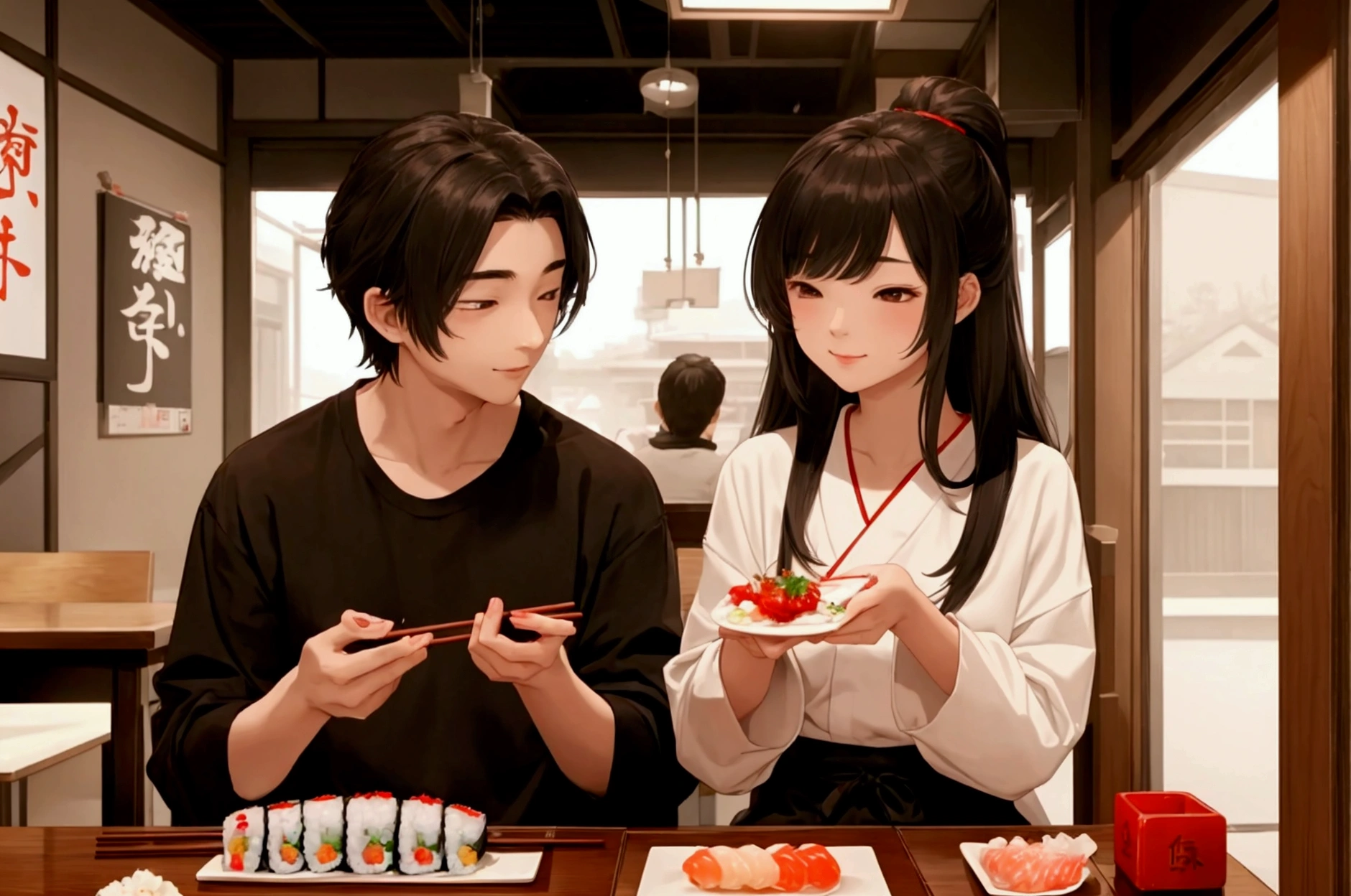 boyfriend feeding his girlfriend sushi with chopsticks, casual clothing, shy, stools. (1girl, 1boy) (masterpiece)