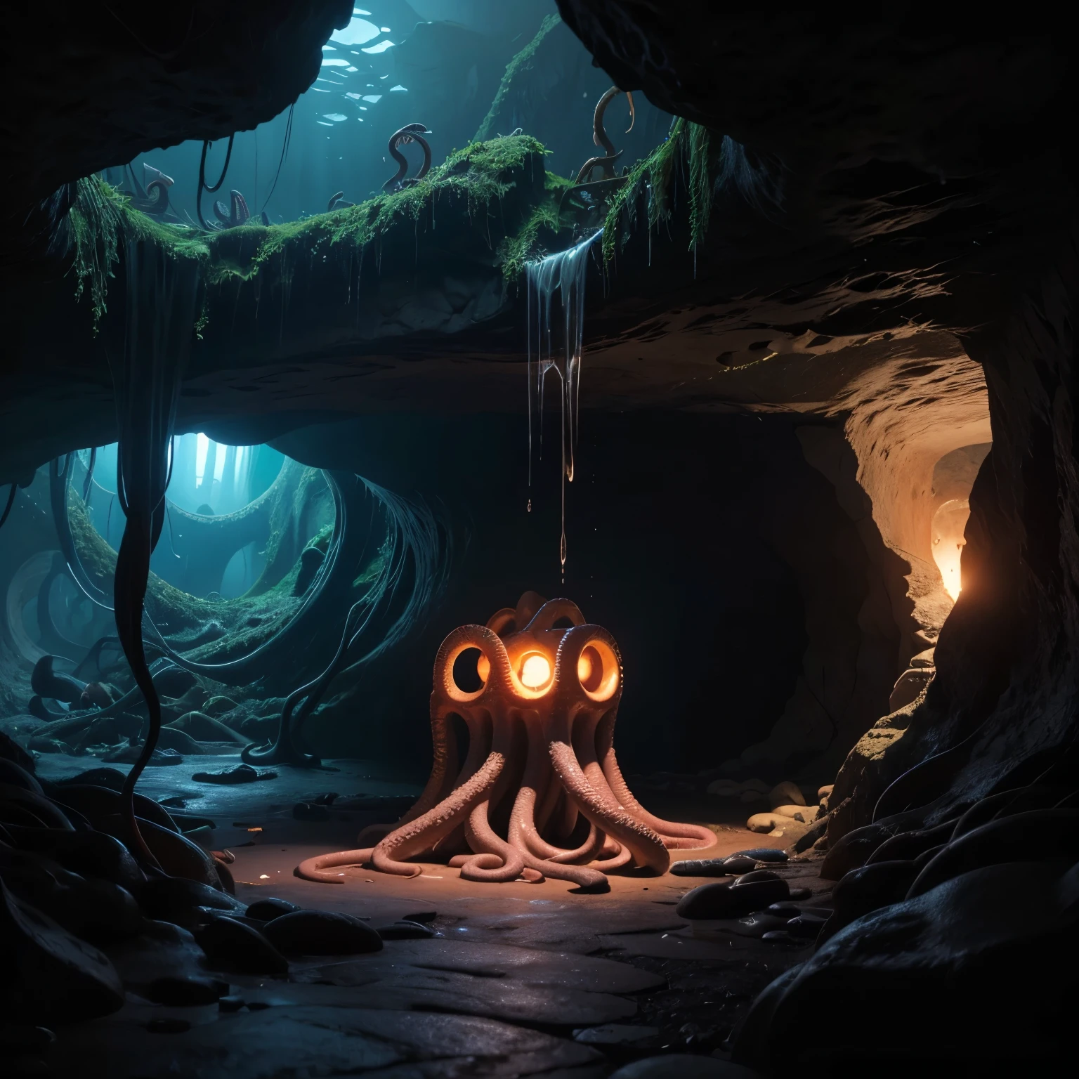 A cave full of tentacles, with the fluids in the middle of the tentacles