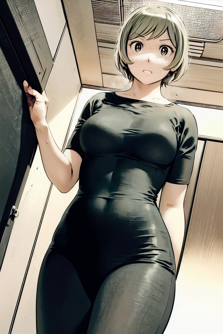 、(masterpiece、Highest quality)、Highest quality, Ultra-high resolution, (((masterpiece))), alone, Sweat、Big eyes,office、Tight white dress shirt、Tight black pants、indoor、Composition from the front、（後ろCut your hair short、short hair、blonde、woman）、Shortcuts、Embarrassed face、Cut your hair short、可愛いwomanの子、Big Breasts、Face to face、Composition from the front、View your audience
