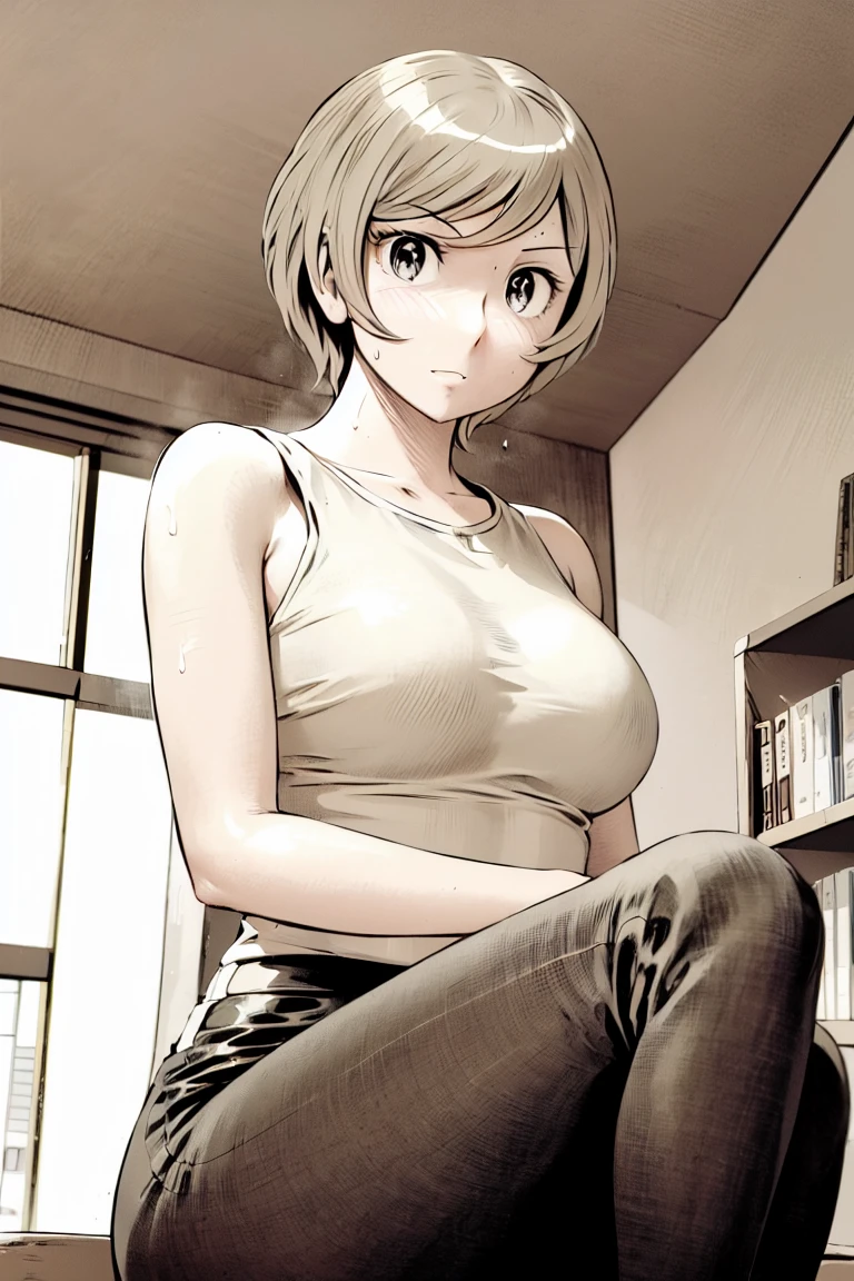 、(masterpiece、Highest quality)、Highest quality, Ultra-high resolution, (((masterpiece))), alone, Sweat、Big eyes,office、Tight white dress shirt、Tight black pants、indoor、Composition from the front、(後ろCut your hair short、short hair、blonde、woman)、Shortcuts、Embarrassed face、Cut your hair short、可愛いwomanの子、Big Breasts、Face to face、Composition from the front、View your audience