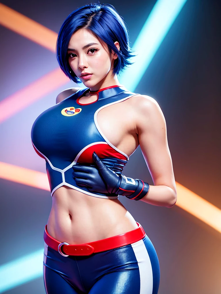 (at night), in a video game scene, a background of a beautiful city during the day raining, standing at attention, semi-short blue hair, blouse with an anime frog face, white flared pants, wearing blue fingerless exercise gloves, has round goggles on her head, huge belt with a round eyeglass, ((blue hair)), 1 girl, alone, 20 years old, young woman, perfect hands, beautiful fingers, beautiful long legs, beautiful body, beautiful nose, beautiful design of characters, perfect face, looking at the viewer with serious gesture (focusing on his face), closed mouth, Light_Smile, official art, extremely detailed CG unity 8k wallpaper, perfect lighting, bright and colorful front lighting, glowing skin (masterpiece : 1.0), (best_quality: 1.0), ultra high resolution, 4K, ultra detailed photography, 8K, HDR, high resolution, nonsense:1.2, Kodak portra 400, film grain, background blur, bokeh:1.2, lens flare, (vibrant_color:1.2), professional photography, (beautiful_face: 1.5), (narrow waist),
