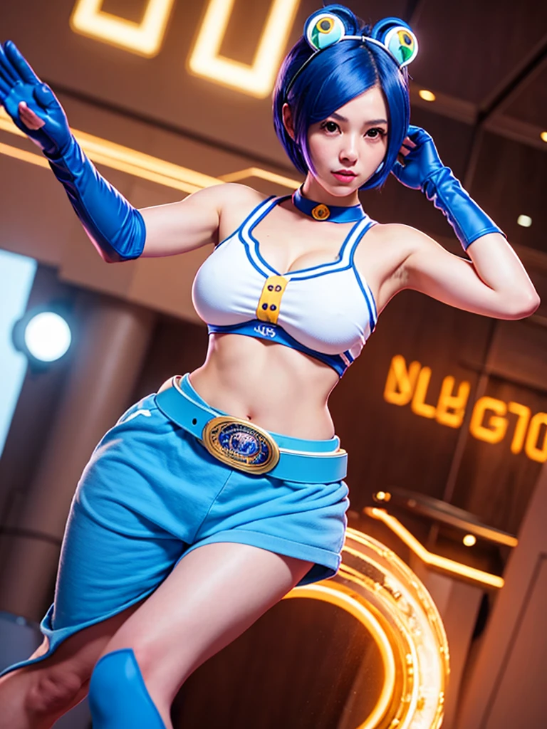 (at night), in a video game scene, a background of a beautiful city during the day raining, standing at attention, semi-short blue hair, blouse with an anime frog face, white flared pants, wearing blue fingerless exercise gloves, has round goggles on her head, huge belt with a round eyeglass, ((blue hair)), 1 girl, alone, 20 years old, young woman, perfect hands, beautiful fingers, beautiful long legs, beautiful body, beautiful nose, beautiful design of characters, perfect face, looking at the viewer with serious gesture (focusing on his face), closed mouth, Light_Smile, official art, extremely detailed CG unity 8k wallpaper, perfect lighting, bright and colorful front lighting, glowing skin (masterpiece : 1.0), (best_quality: 1.0), ultra high resolution, 4K, ultra detailed photography, 8K, HDR, high resolution, nonsense:1.2, Kodak portra 400, film grain, background blur, bokeh:1.2, lens flare, (vibrant_color:1.2), professional photography, (beautiful_face: 1.5), (narrow waist),
