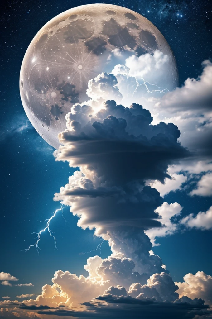 Design of a moon and on top of it a cloud with lightning coming out of it