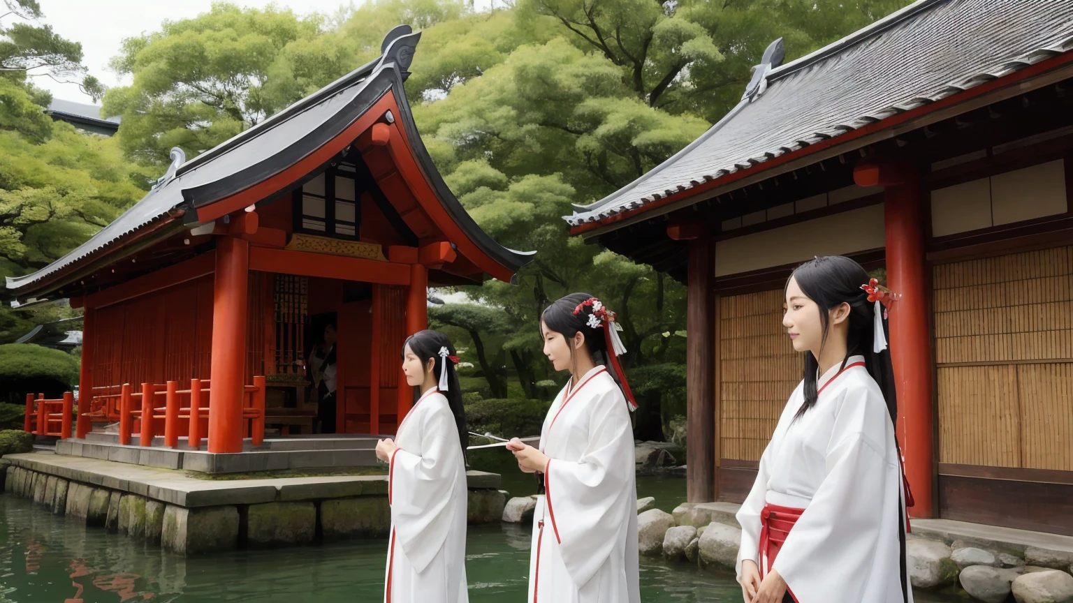 Water dragons, water gods, the world where Japanese gods live, Japanese pavilions, miko (shrine maidens)