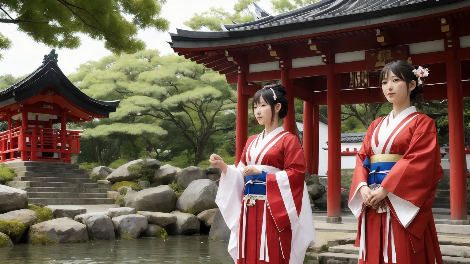 Water dragons, water gods, the world where Japanese gods live, Japanese pavilions, miko (shrine maidens)