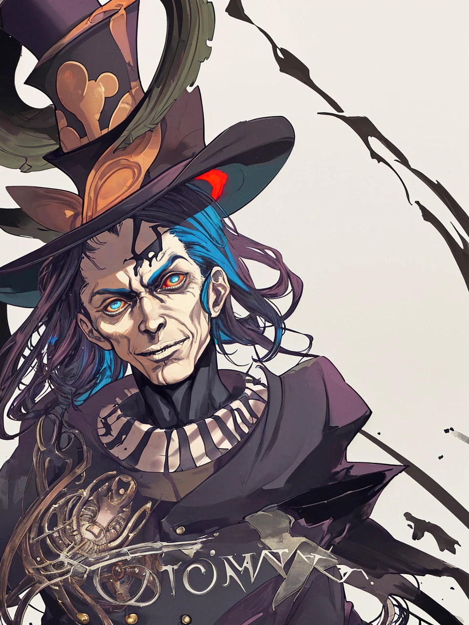A close up of a man wearing a top hat, john picacio and brom, willem dafoe as scarecrow, best of behance, madhatter, josan gonzalez and tyler edlin, by Jack Davis,, character design, embers, bright bold colors, macro lens, dark fantasy, decopunk, cinematic, dslr, bokeh, american horror story, redneck