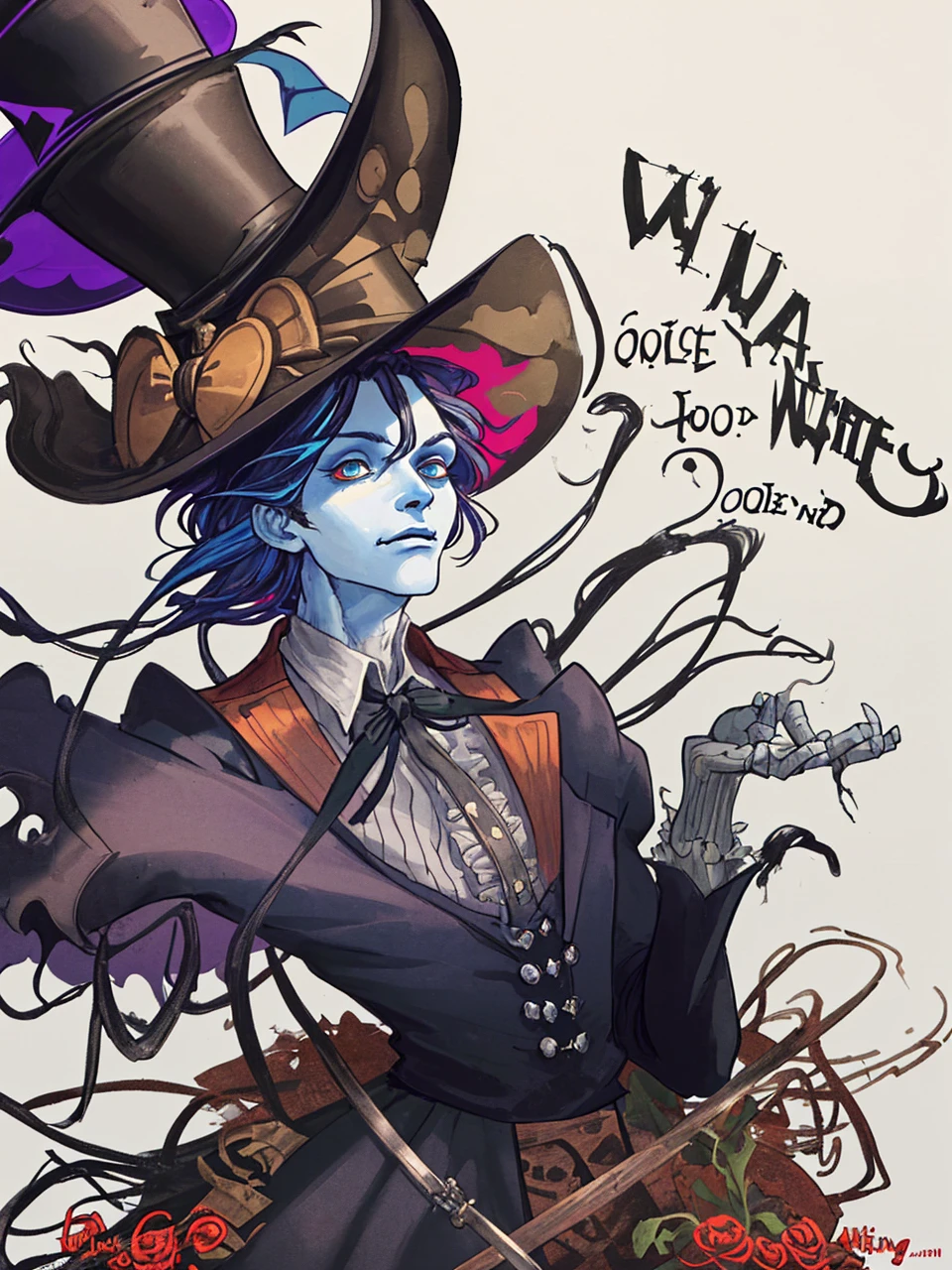 A close up of a man wearing a top hat, john picacio and brom, willem dafoe as scarecrow, best of behance, madhatter, josan gonzalez and tyler edlin, by Jack Davis,, character design, embers, bright bold colors, macro lens, dark fantasy, decopunk, cinematic, dslr, bokeh, american horror story, redneck