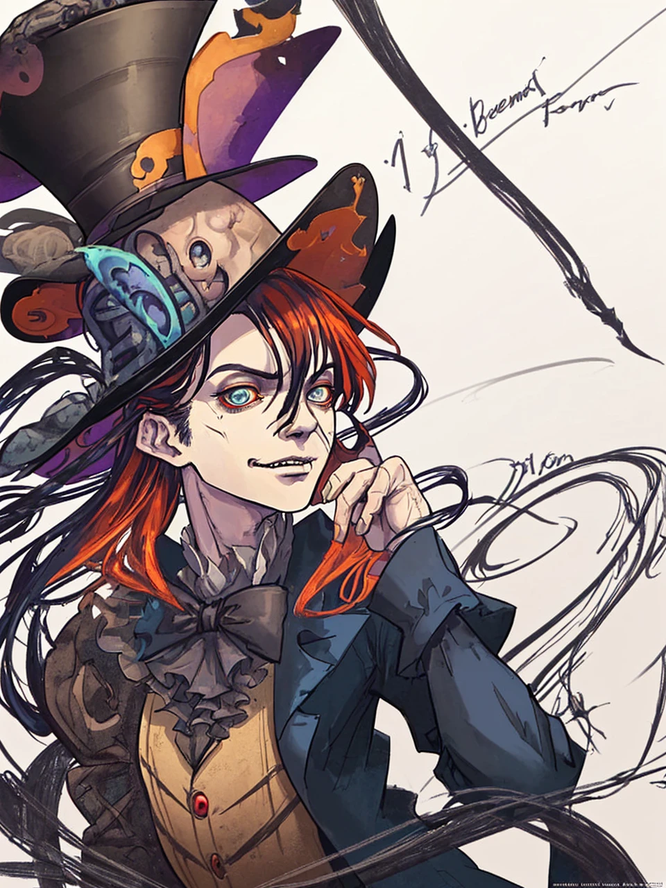 A close up of a man wearing a top hat, john picacio and brom, willem dafoe as scarecrow, best of behance, madhatter, josan gonzalez and tyler edlin, by Jack Davis,, character design, embers, bright bold colors, macro lens, dark fantasy, decopunk, cinematic, dslr, bokeh, american horror story, redneck