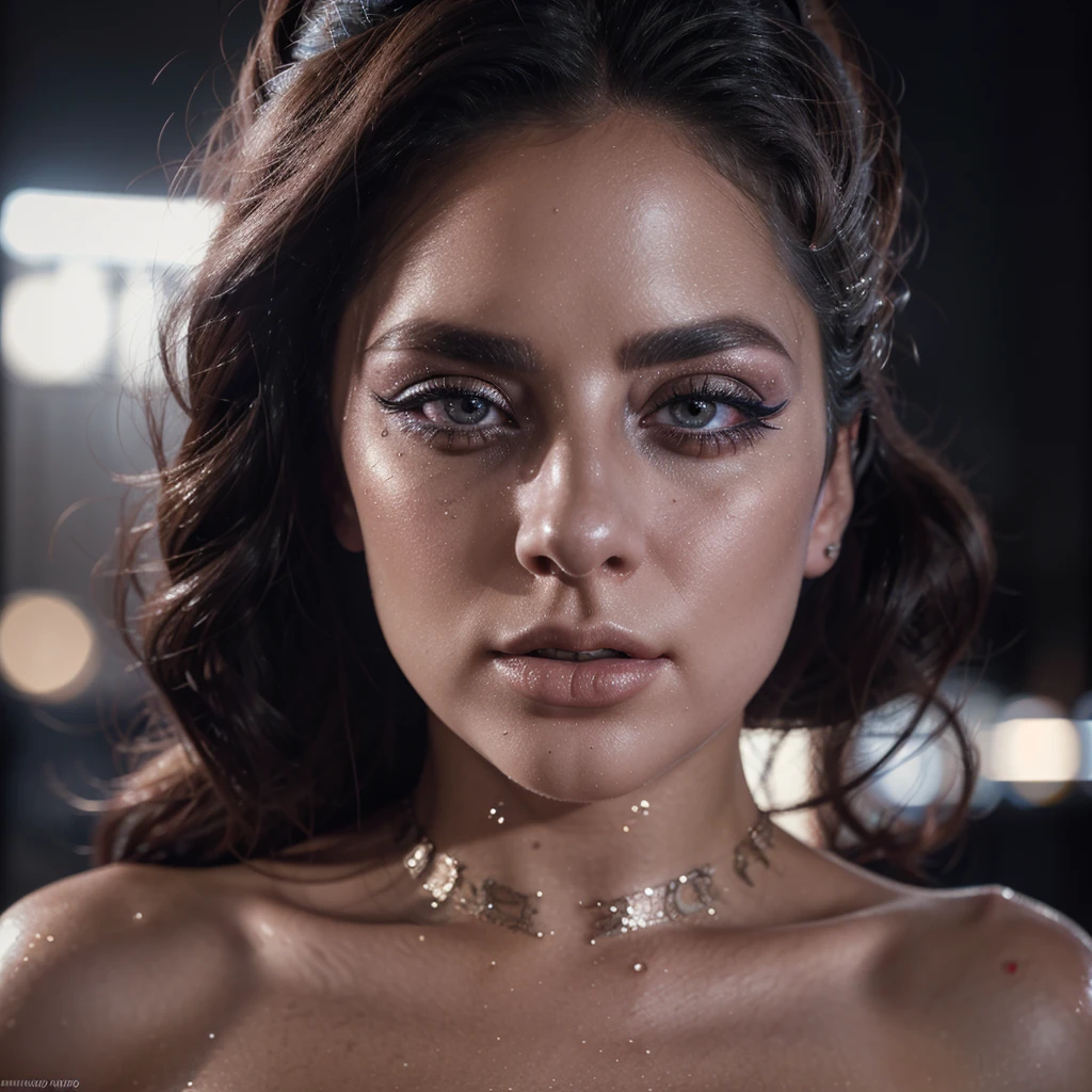 a lady gaga, beautiful detailed eyes, beautiful detailed lips, extremely detailed eyes and face, long eyelashes, rubbing glitter and grease on her body, dramatic lighting, ultra realistic, 8k, HDR, photorealistic, cinematic, chiaroscuro lighting, moody atmosphere, new york city background, high fashion, editorial, vogue style