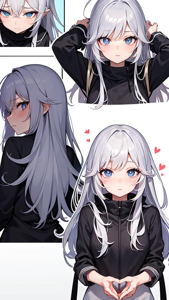 vtuber model, silver hair, grey hair, long hair, messy hair, straight hair, expressive hair, heart-shaped pupils, dilated pupils, embarrassed, blush, blue eyes, heart in eye, naughty, Conceptual art, modern, anime style, anime, reference sheet, multiple views, from behind, from below, from side, UHD, masterpiece, anatomically correct, super detail, textured skin, high details, high quality, best quality, highres, 8k, art concep, character design