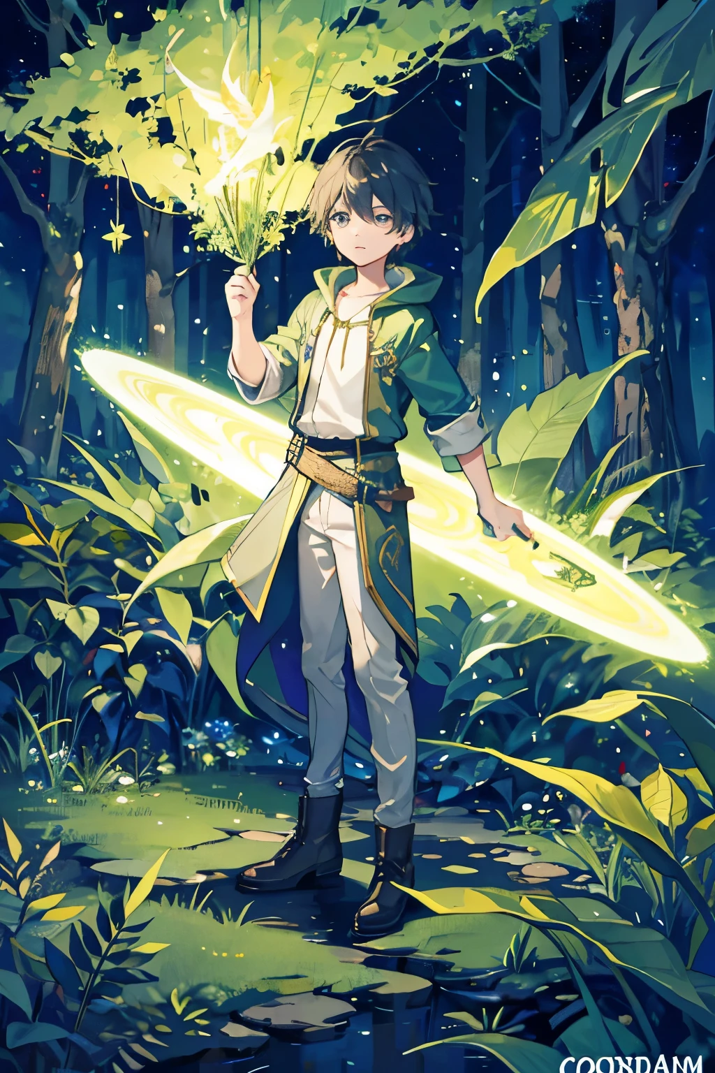 forest guardian a boy surrounded by magic of the forest at night