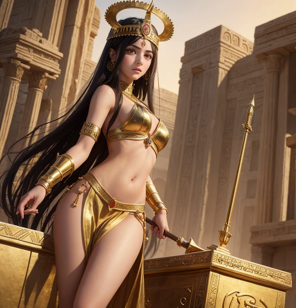 (best qualityer, high resolution, artistry: 1,2), ultra detaild, (realisitic, foto realisitic, foto realisitic: 1,37), powerful goddess Ishtar or young goddess Inanna, the mesopotamian goddess, the topless Sumerian goddess, a beautiful teenage goddess showing her small breasts and beautiful legs in an erotic queen dress with an ancient Sumerian city in the background, with sensual clothes of an ancient Middle Eastern queen, cow horns on its head, wearing a golden bow and arrow on his back, prehistoric urn next to, holding a powerful Sumerian scepter, in the background an ancient Sumerian city in a ritual environment to worship the goddess, young and beautiful face, young and slim body, golden and perfect proportions, rosto realisitic, 60 inch tall  woman, thin with slender body, extremely small breasts, tiny breasts, sporting a Mesopotamian queen&#39;s golden crown on her head, long hair flowing in the wind, wavy black hair, light grayish brown eyes, teenage body, white and pale skin, beautiful slender legs, small ass, flat ass, PICTURE REALISTIC, uma garota realisitic, black hair long, best qualityer, extremely detaild, perfect hands, perfects eyes, perfect materials, excellent tapestry, hight contrast, high saturation, Ablaze