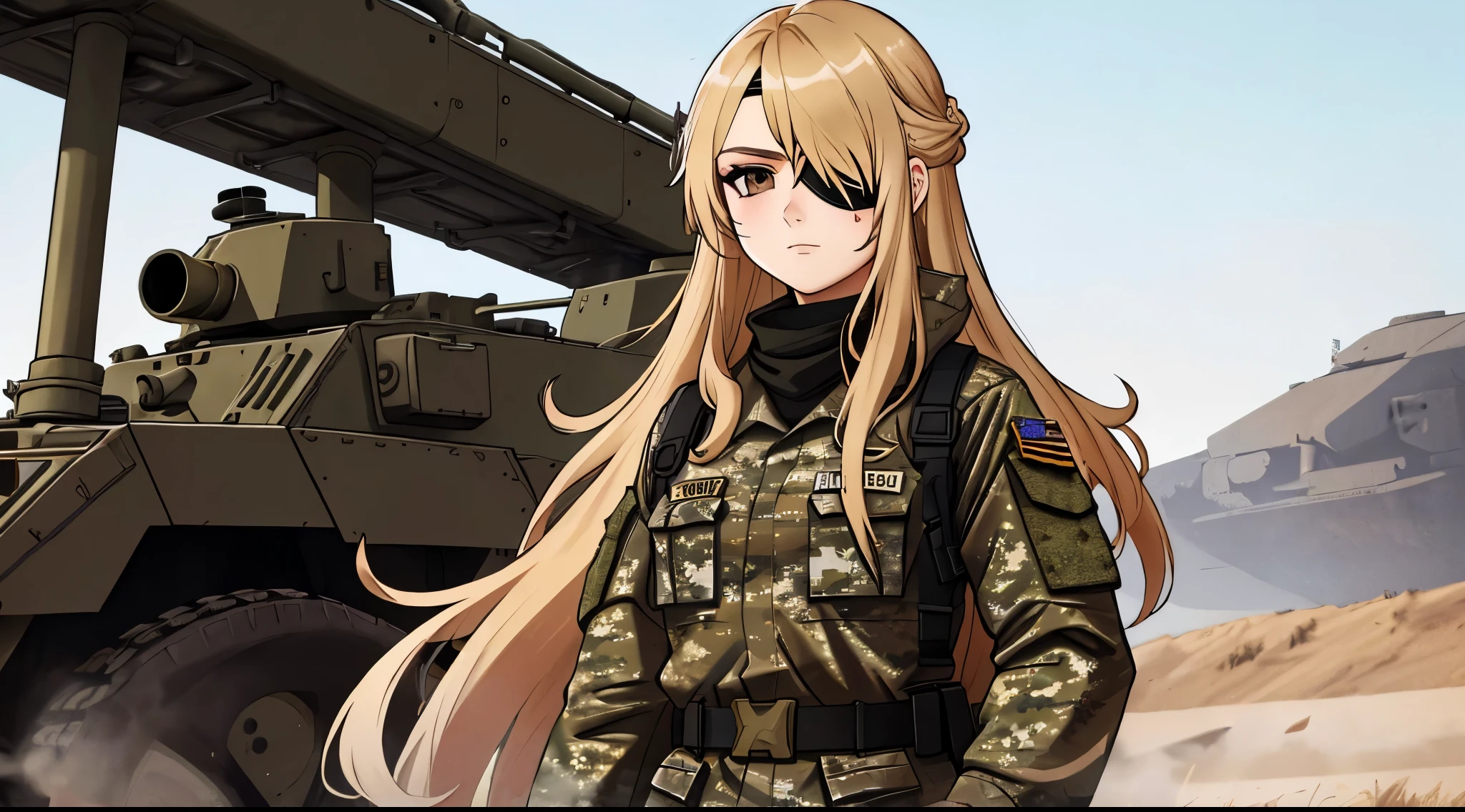 a woman with long blond hair and brown eyes is wearing camouflage military clothing and wears a black triangular-shaped eye patch over her right eye
