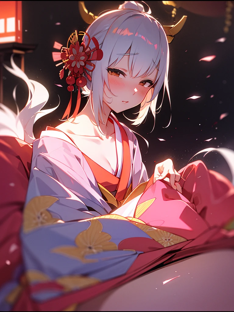 (Sumilux f1.4 50mm , low Latitude old color negative film , cross process , bokeh, flare, chromatic aberration , soft focus, (Shallow focus) , soft glow , Maximum aperture, High Key , Transparent depiction) , kawaii hentai anime , Elegance erotica , Japanese Heian period , Shrine maiden girl, (kitsune mask) , (round Maro eyebrows) , kimono , (Peony flowers blooming:0.8) , steamy breath , Kagura Dance , passion , Drinking amazake , Drunkard , seduce , Hyakki yagyo emaki , Demons and monsters run rampant , Clothes come undone , semi nude , on the futon , bare Collarbone