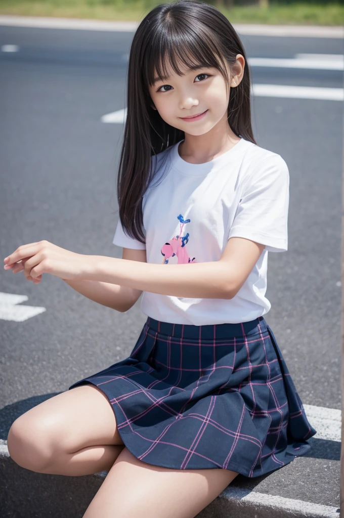 8K,masterpiece,Japanese,9 girl,from the front,smile,cute,innocent face,innocent,gentle eyes,Childish,plain t-shirt,short sleeve,A short blue checked skirt,semi-long,hair blowing in the wind,black hair,Slightly strong wind,noon,bright,sitting