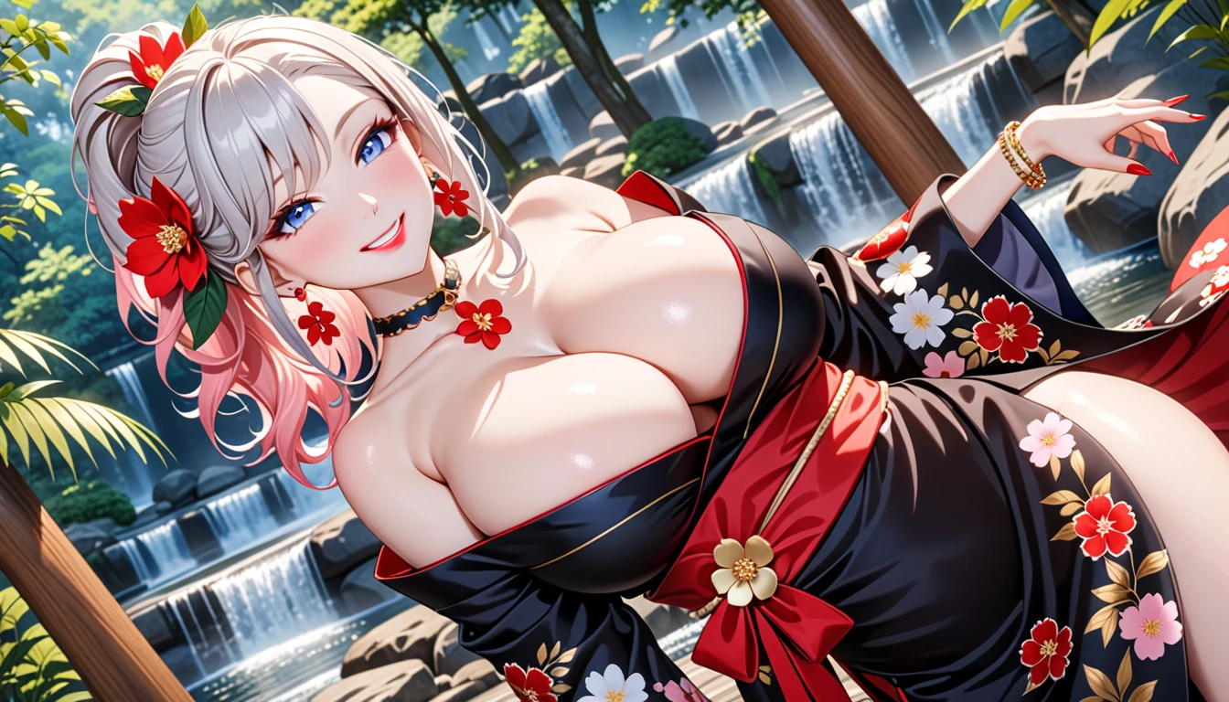 ultra-detailed, ((one girl)), ((portrait)), (pale skin:1.4), in pastel colors gyaru, (heavy makeup), (professional lighting) hyper detailed, absurdres, 8k, Beautiful Face, (Laugh shyly), ((teasing smile:1.3)), ((happy smile:1.3)),  ((Wink:1.5)), (Laugh with your mouth wide open),((Tilt your face:1.6)), View your viewers, ((Bright red cheeks:1.6)),Glossy Red Lips, ((huge breasts:1.6)),  undressing kimono, noon, summer, Forest waterfall,  ((Anime style background)),masterpiece, Highest quality, (Brighten your face), so beautiful,Latest, Complex details, (Pink long nails), (nail art), (ring),(bracelet), (Floral Choker),AI-generated, Complex,High resolution, Highest quality, super high quality,3D Images、3D Images,One person,(Snow White hair), (highlights hair,Milky White streaked hair)), Long Hair,(High Ponytail), (wavy hair:1.3), Cool woman in black kimono, ((Fine grain、blue eyes、glowing eyes:1.4)), (Squint your eyes:1.1),a hyperRealistic , hyperRealistic , Realistic, Smooth anime CG art, A girl in a gorgeous black kimono, (black furisode:1.2), Gold embroidery, (Red large floral pattern), (sideboob),  Long flower hair ornament,Floral Earrings, Mature Body, tall,Narrow waist, (dutch angle), 