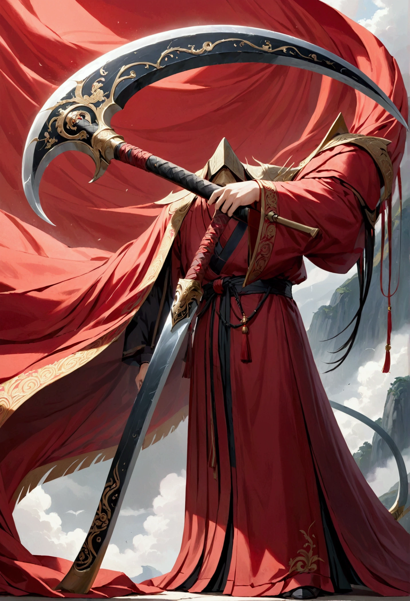 A large scythe with a red cloth wrapped around its handle, xuanhuan.