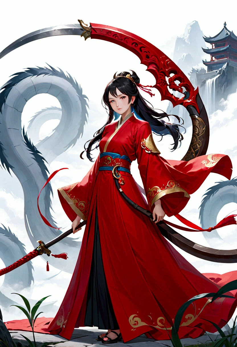 A large scythe with a red cloth wrapped around its handle, xuanhuan.
