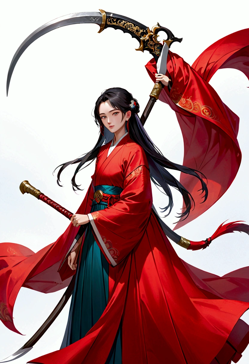 A large scythe with a red cloth wrapped around its handle, xuanhuan.