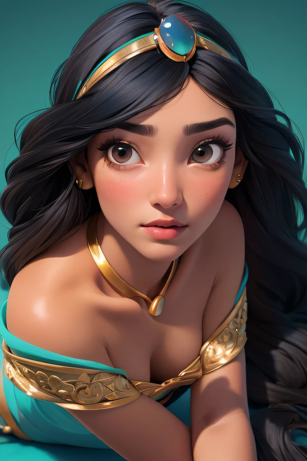 (masterpiece:1.3), (best quality:1.2), intricate details, (highly detailed skin:1.2), jasmine, (1girl:1.2), realistic, highres, beauty photo, tear drop , from above, cool mood, long hair , (black haircolor:1.3), Hourglass-Petite body shape, fill lighting, fcDetailPortrait, (tilted head:1.4), (sexy pose:1.3),  persian background , 