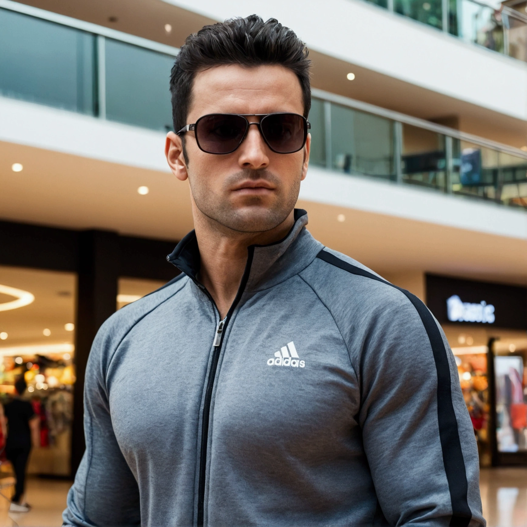 Attractive 30-year-old athletic man with short dark hair, wearing a tracksuit, black sunglasses, fine stubble, standing in a shopping mall