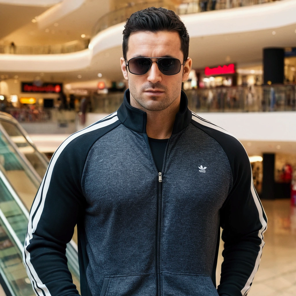 Attractive 30-year-old athletic man with short dark hair, wearing a tracksuit, black sunglasses, fine stubble, standing in a shopping mall