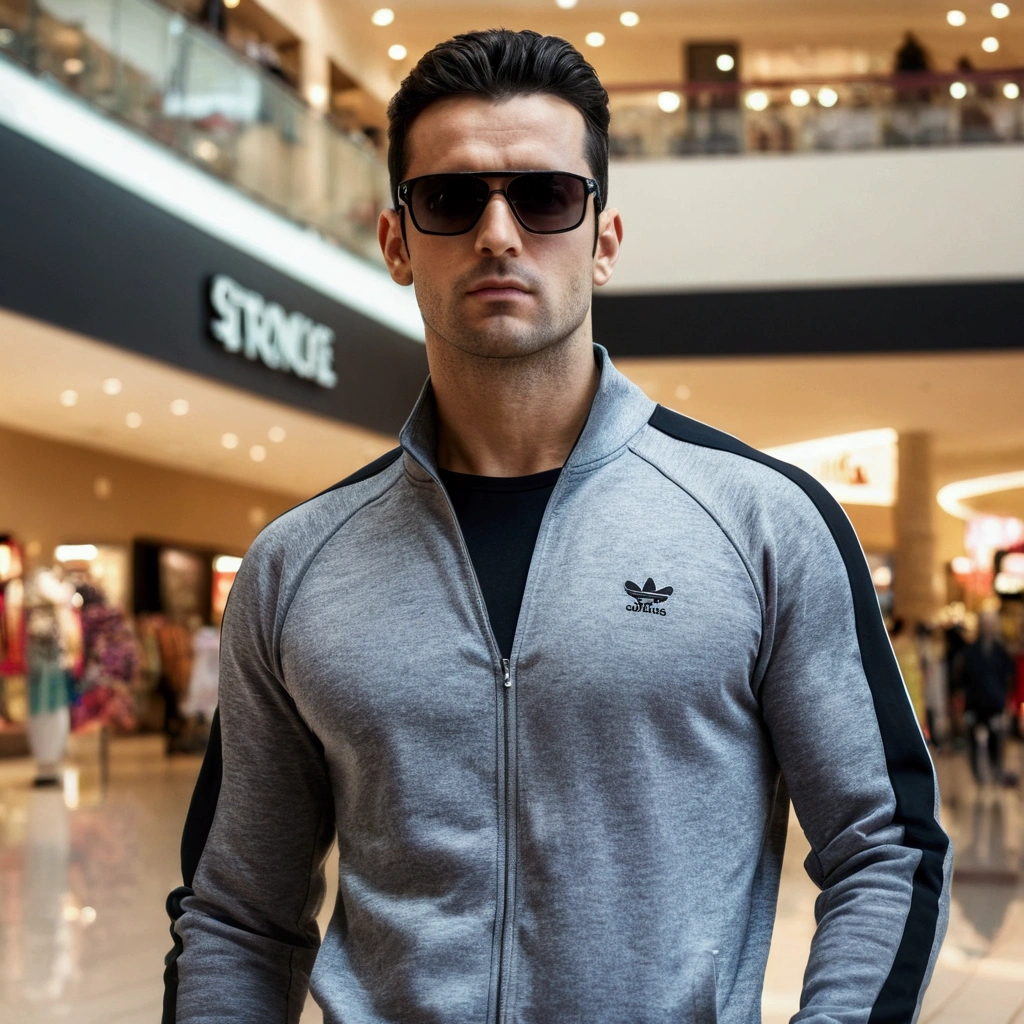 Attractive 30-year-old athletic man with short dark hair, wearing a tracksuit, black sunglasses, fine stubble, standing in a shopping mall