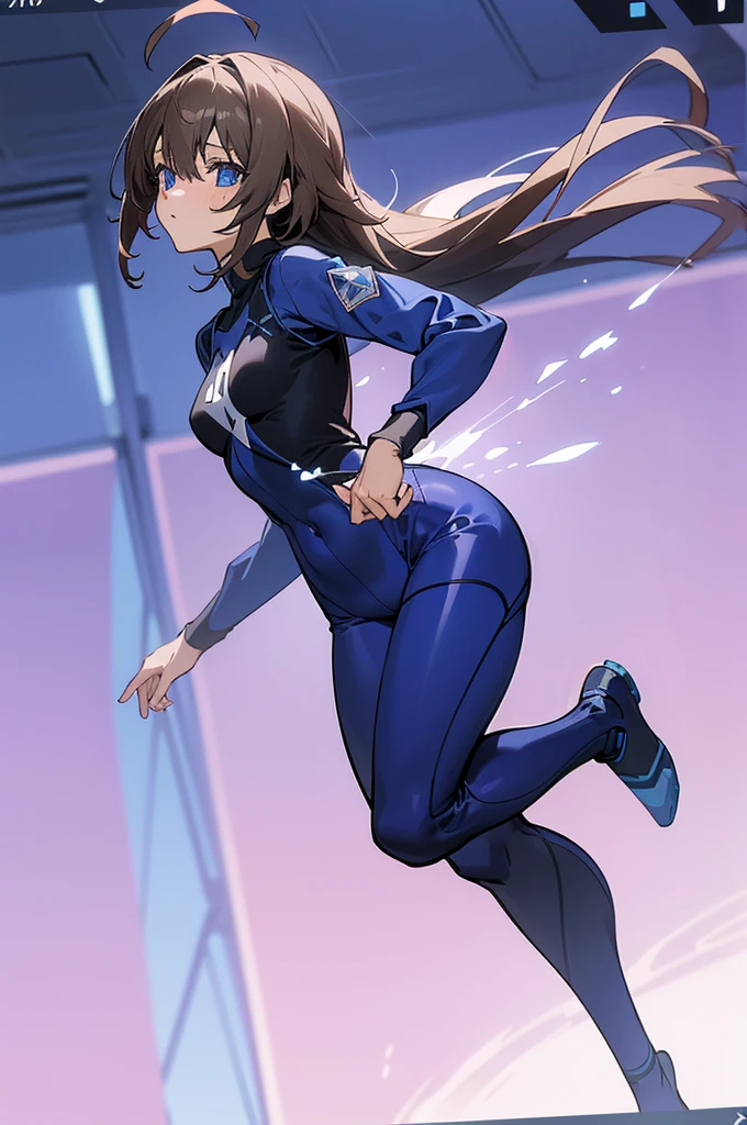 screenshot of anime blue lock, oc girl, female of medium low height, black full body uniform pants and long sleeve t-shirt, short wavy shoulder length, hair brown color, ahoge, blue eyes with lilac tones, ., isagijersey, sportswear, blue shorts, isagiuniform, bodysuit, isagitracksuit, blue shirt, blue pants