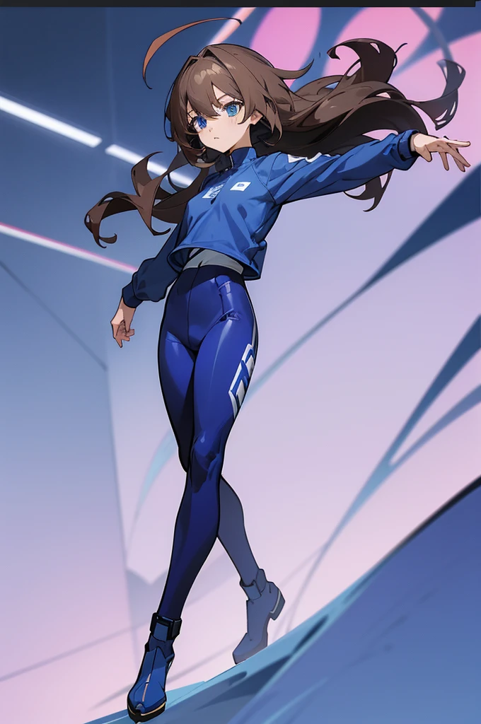 screenshot of anime blue lock, oc girl, female of medium low height, black full body uniform pants and long sleeve t-shirt, short wavy shoulder length, hair brown color, ahoge, blue eyes with lilac tones, ., isagijersey, sportswear, blue shorts, isagiuniform, bodysuit, isagitracksuit, blue shirt, blue pants