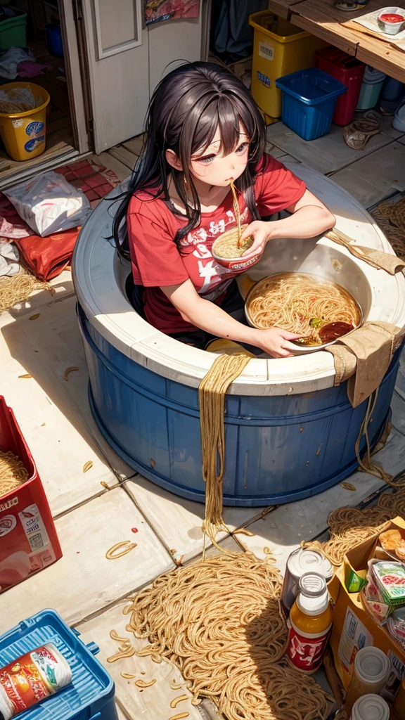 A poor housewife slurping on instant noodles in a messy, trash-filled house
