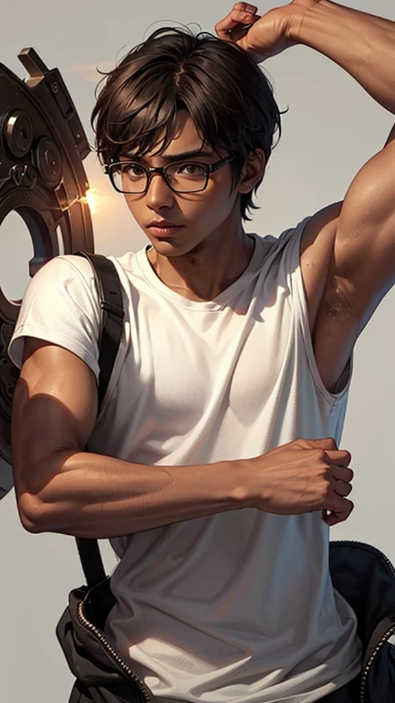 male, brown skin, simple background, glasses, short hair, arm crossed, high quality, masterpiece, solo, close up, Avatar 