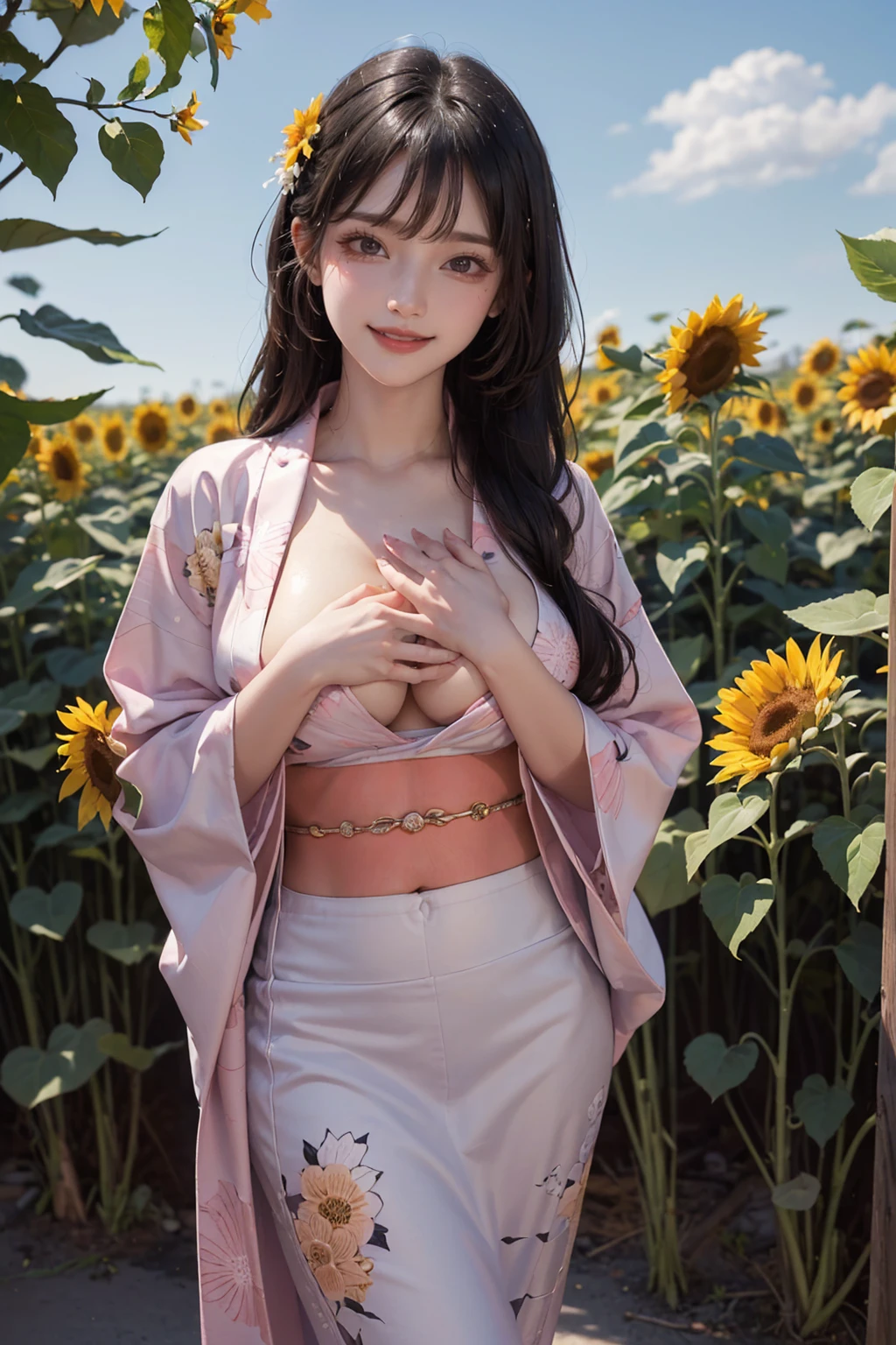 ((16K)),(masterpiece:1.3, Highest quality, Ultra-high resolution, Super detailed), (Realistic, photoRealistic:1.4),((nsfw:0.5)), Perfect lighting, Depth of written boundary, Browsing Caution, Surrealism,Face Light,(( large breasts)),Beautiful detailed hair,((Beautiful eyelashes)), Beautifully detailed face, Beautiful fine details, Beautiful body, thin脚,Beautiful feet, ((Detailed nails)), ((Beautiful fingers)), thin, 1 girl, 23 years old,Perfect Face, Long eyelashes,Perfect ???????, Supermodel with a long neck,((Skinny1.2)),(Perfect ???????,Anatomically correct, Highly detailed skin), ((beautiful girl:1.1)),(Mid-length hair:1.4, Wavy Hair:1.2, Black Hair) ,((With bangs)),Dainty facial structure,((Smiling happily:1.3)),((standing:1.1)),((hand on own chest)),((facing viewer)),((wearing very elaborate (pink) yukata with traditional Japanese floral patterns)),Generate an image of a sunflower field during the daytime. The background should feature a bright blue sky with a few fluffy white clouds. The sunflowers should be tall and vibrant, with their yellow petals contrasting beautifully against the clear sky,((wide shot:1.4))
