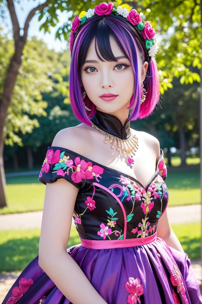 (masterpiece:1.4), (best quality:1.4), ultra high res, ultra high resolution, ((ultra detailed facial features)), HDR, (realistic, photorealistic, photo-realistic:1.37), full body Esbian, sexy Swedish model, (-anime), vivid colors, ((vivid colors multicolor (fuchsia, pink, light blue, purple) very short hair)), (seductive smile), ultra detailed metallic makeup, lip-gloss, long lashes, defined eyebrows, wearing large sparkling colorful jewelery, wearing a red silk Paradise Kiss cosplay dress with black floral embroidery, ((vivid colors outfit)), vivid colors, look at the camera, cinematic light, large park background with trees, sweet and sexy pose