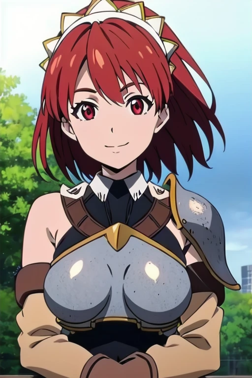 Cecily Campbell, big breasts, armor, breastplate, gloves, red hair, red eyes, 1girl, solo, looking at viewer, upper body, smile, sunny weather, outdoors, close-up, POV, hug
