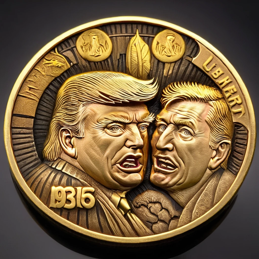 a photo of golden Donald Trump carving golden coins cnl, CNL Lighting, CNL Texture, high resolution, comely, highest quallity, work of art, highy detailed