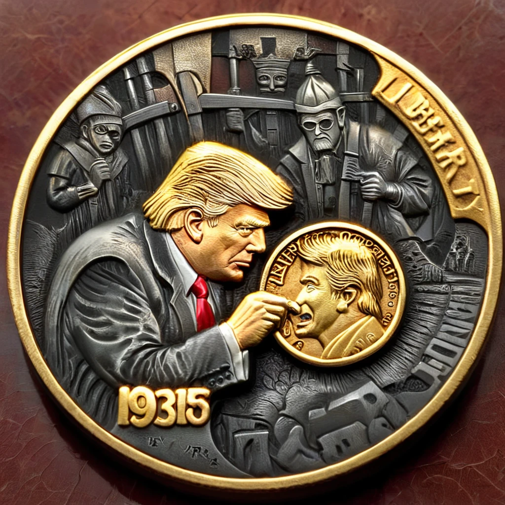 a photo of golden Donald Trump carving golden coins cnl, CNL Lighting, CNL Texture, high resolution, comely, highest quallity, work of art, highy detailed