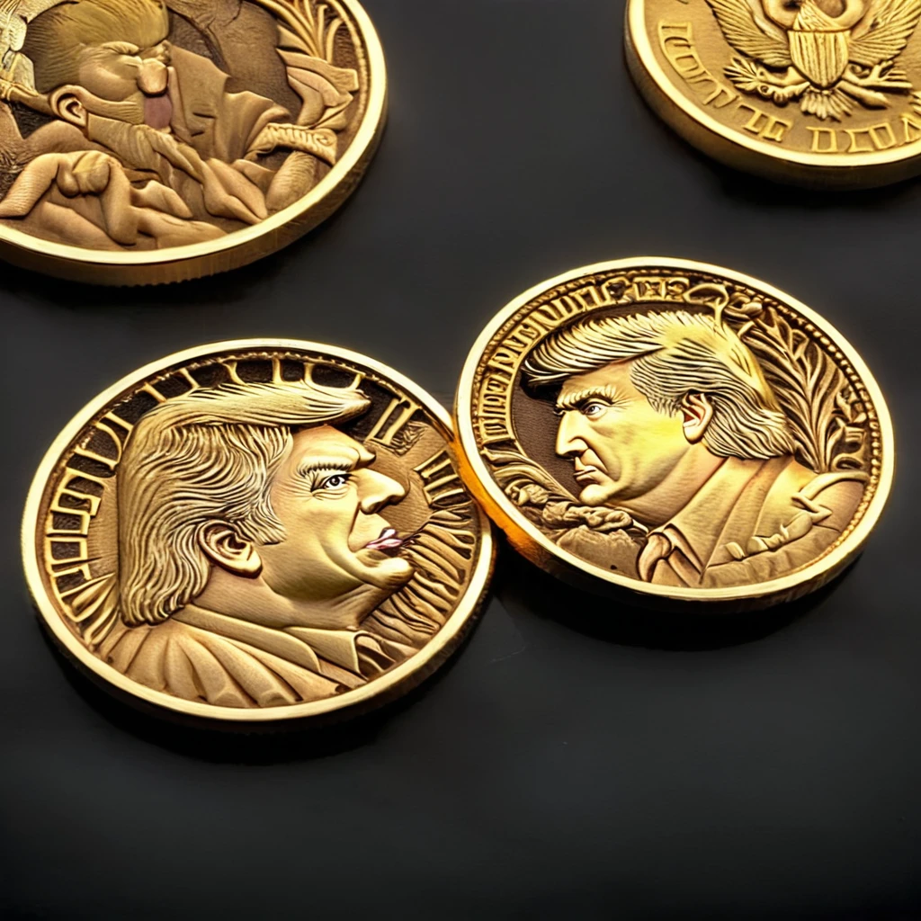 a photo of golden Donald Trump carving golden coins cnl, CNL Lighting, CNL Texture, high resolution, comely, highest quallity, work of art, highy detailed