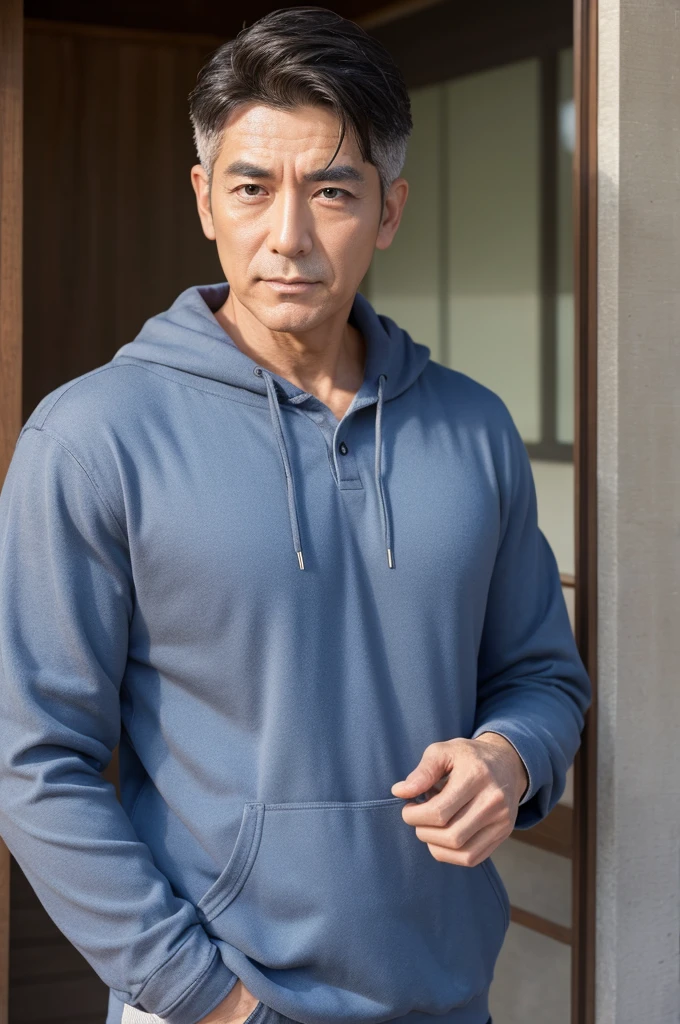 Muscle men、49 years old、casual short hair、Dark eyebrows、Large eyelashes、furoshiki