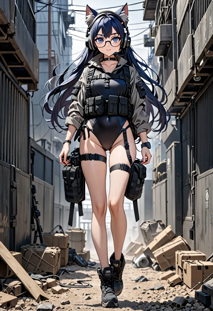 8K Ultra High-Quality, ultra-detailed, High quality, Dark Blue hair, Long hair, Headset, Goggles, cat girl, Grey Tactical clothes, Military clothes, black leotard under clothes, body harness, Looking at viewer, choker, glasses, full body