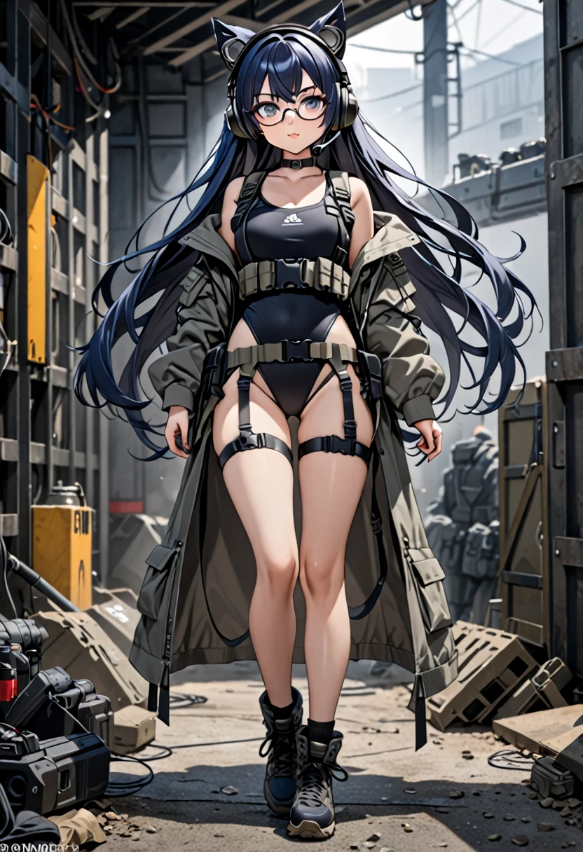 8K Ultra High-Quality, ultra-detailed, High quality, Dark Blue hair, Long hair, Headset, Goggles, cat girl, Grey Tactical clothes, Military clothes, black leotard under clothes, body harness, Looking at viewer, choker, glasses, full body