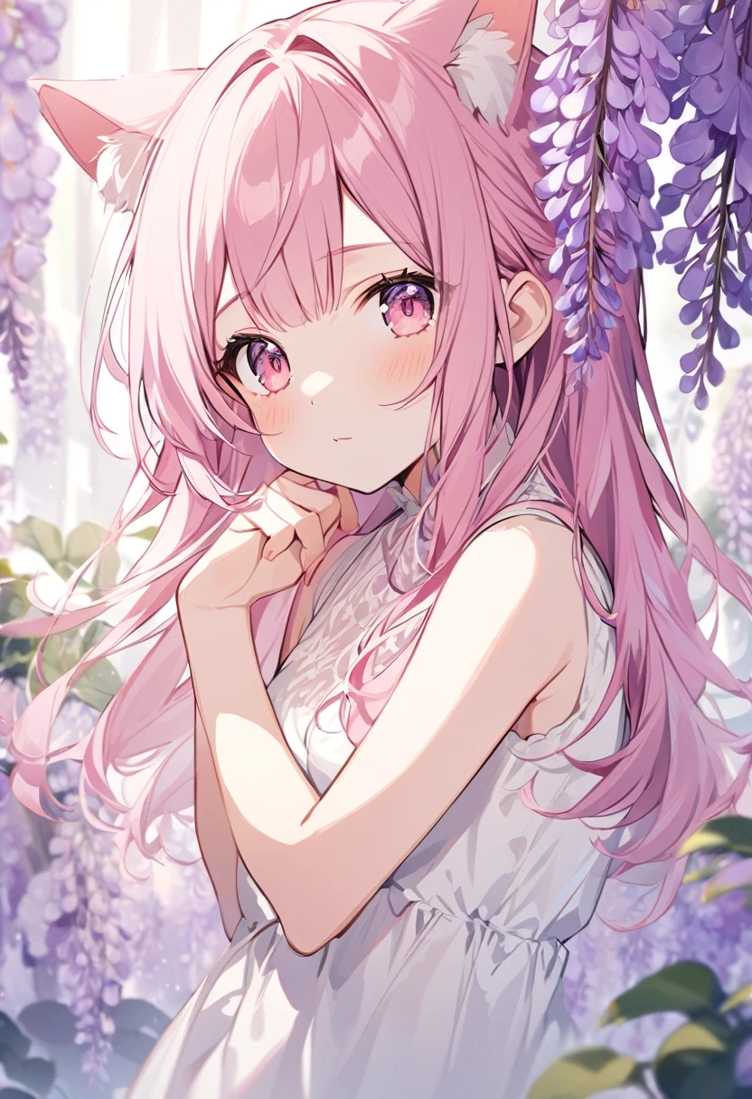 One girl, alone, Cute girl with pink hair, Pink Eyes, Wisteria flower background, Soft natural light, Cat ear, Sleeveless white shirt