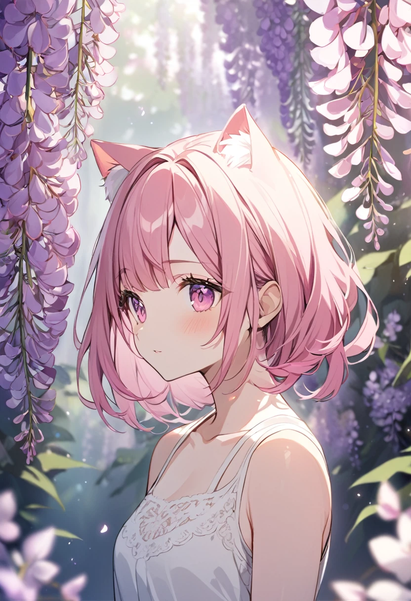 One girl, alone, Cute girl with pink hair, Pink Eyes, Wisteria flower background, Soft natural light, Cat ear, Sleeveless white shirt
