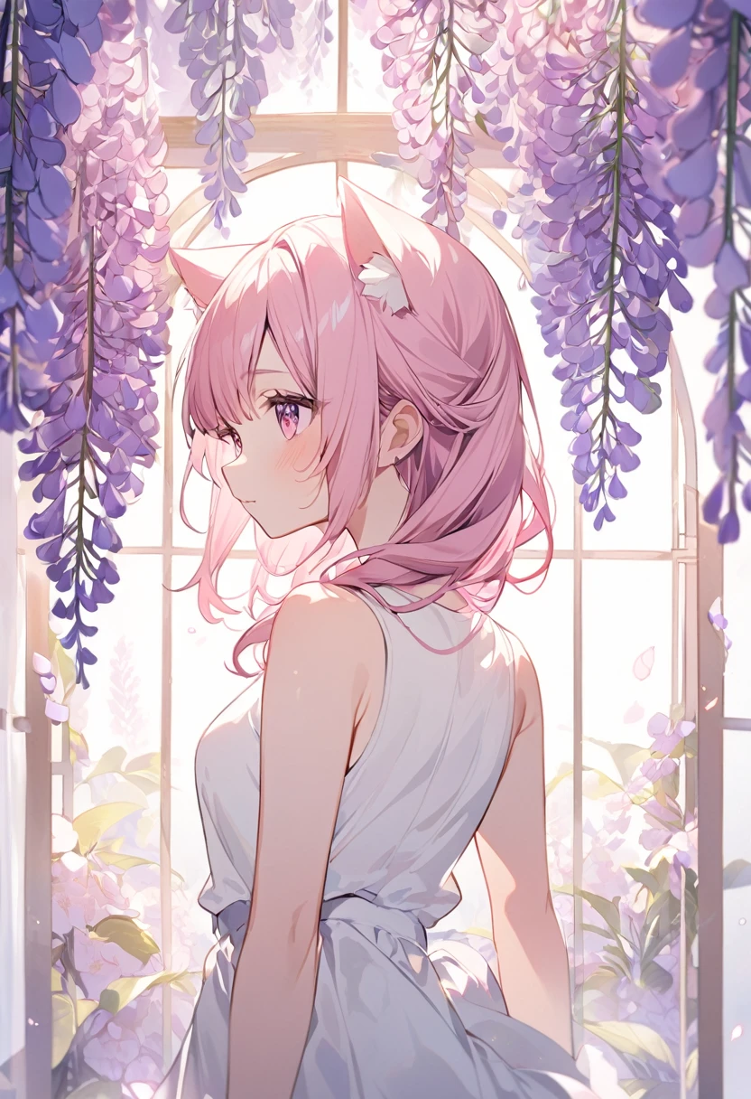 One girl, alone, Cute girl with pink hair, Pink Eyes, Wisteria flower background, Soft natural light, Cat ear, Sleeveless white shirt
