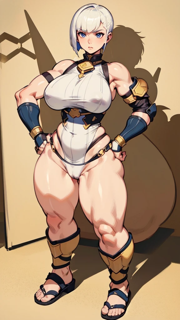 (masterpiece), best quality, female warrior, huge girl, female muscular:1.2, shoulder armor, pauldron, (((blank background))), ((full body)), fingerless gloves, sandals, sleeveless, covered nipples, ((buzzcut hairstyle)), golden hair, hair over eyes, (wide hips:1.6), thick thighs:1.7, ((camel toe)), (underboobs), 